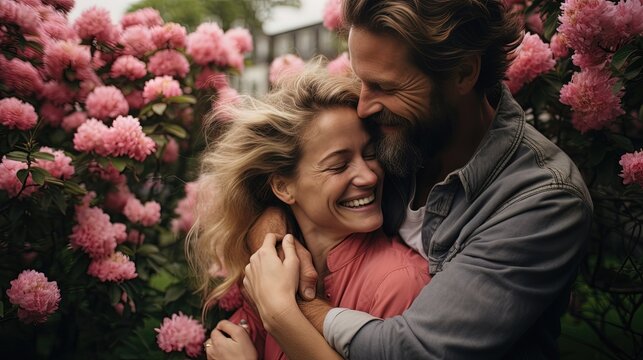 Husband and wife hugging lovingly against a background of pink flowers