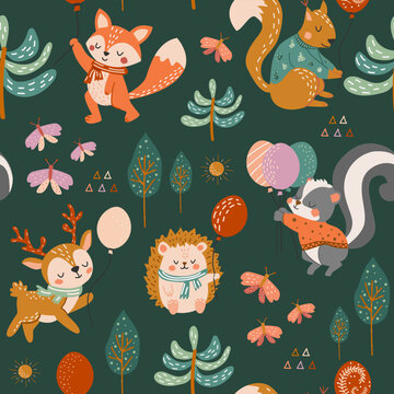 Cute woodland animals seamless pattern. Baby pattern for fabric. Deer, squirrel, fox, skunk, butterflies, forest, trees. Creative print for fabric, children's room. Nursery pattern in flat cartoon.