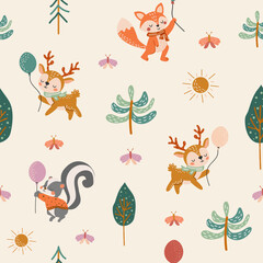 Cute forest animals seamless pattern. Baby pattern for fabric. Deer, squirrel, fox, skunk, trees. Creative print for fabric, children's room. Nursery pattern in flat cartoon style. 