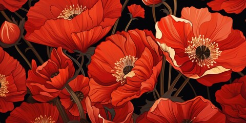 Bright red poppy flowers on a black background, seamless texture. Beautiful flowers. Generative AI