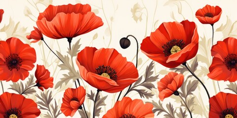 Bright red poppy flowers on a light background, seamless texture. Beautiful flowers. Generative AI