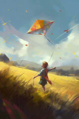 Illustration of a child playing with a kite in a field