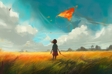 Illustration of a child playing with a kite in a field