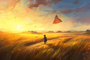 Illustration of a child playing with a kite in a field - obrazy, fototapety, plakaty