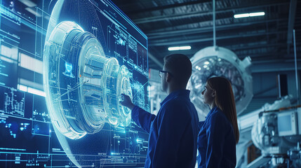 Team of engineers in high-tech facility studying holographic satellite design