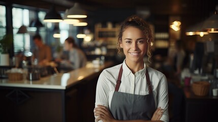 A female staff member is smiling while standing at the check-in desk.