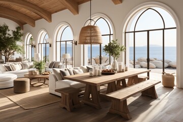 Fototapeta premium Modern coastal living room with ocean view