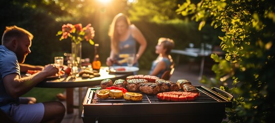 Family barbecue in the backyard - obrazy, fototapety, plakaty