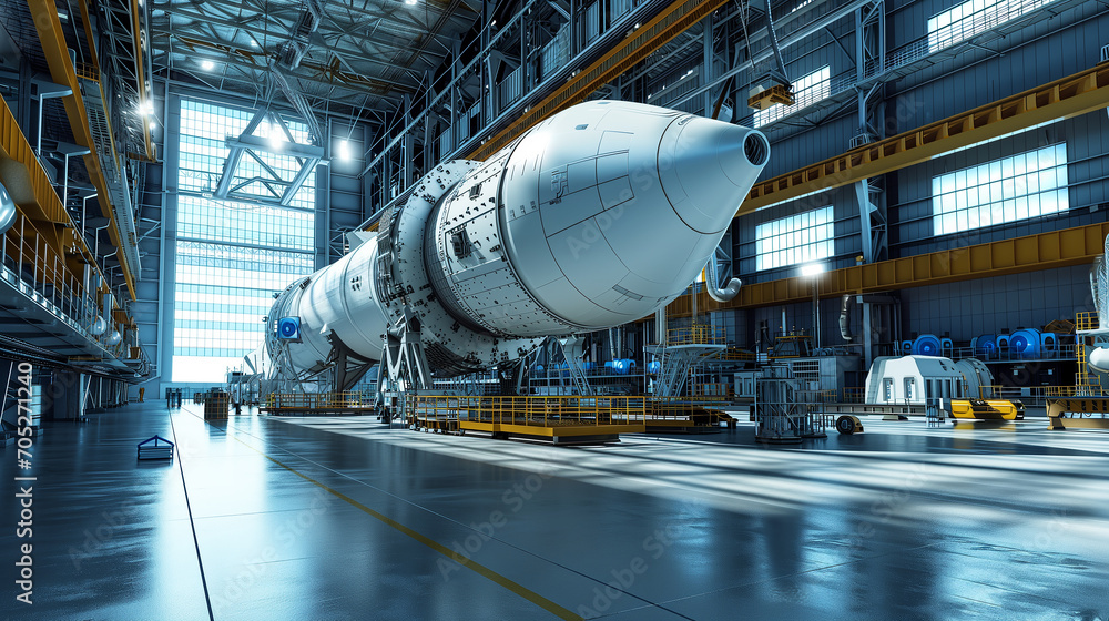 Poster engineers working collaboratively on assembly of cutting-edge space rocket