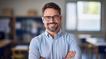 A picture of a young, happy, smiling teacher or student standing next to a chalkboard.
