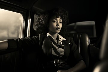 black and white , african woman in a car traveling through the city
