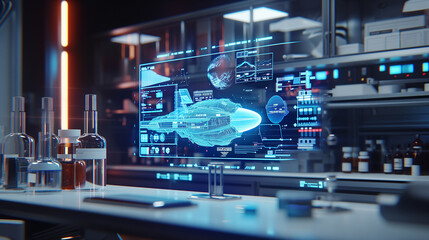 Innovative scientists studying a detailed holographic projection of space vessel