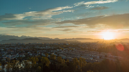 Early morning panorama of Koseze pond or koseski bajer with a modern city hlock on the right....