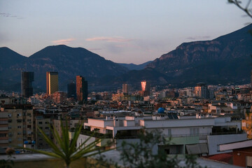 Albania, Tirana city east view, morning sunrise, panoramic view