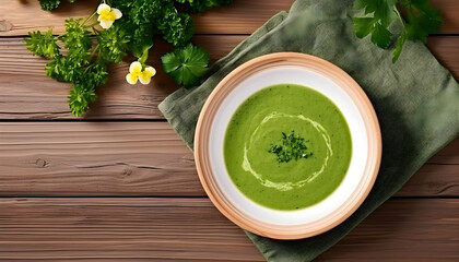 Broccoli green soup with fresh parsley. Healthy and diet vegan d - obrazy, fototapety, plakaty