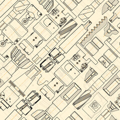 Mechanical engineering drawings on sepia background. Tap tools, borer. Technical Design. Cover. Blueprint. Seamless pattern. Vector illustration.