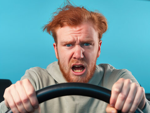 A man with red hair wears a khaki pullover with a shocked expression, gripping the steering wheel tightly after the accident. Isolated on blue background