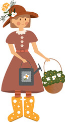 Vintage gardening woman with basket flowers