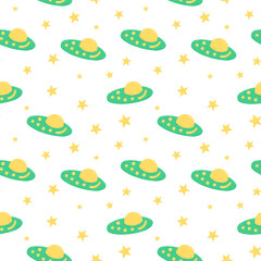 Baby cute seamless pattern with space elements on white background. Hand drawn flat cartoon style. Vector illustration