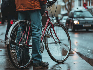 A photo highlights a man staying with his bike on a street parking spot, emphasizing personal transportation