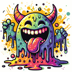 Illustration of a laughing devil sticking out his tongue with paint splashes, halloween monster skull