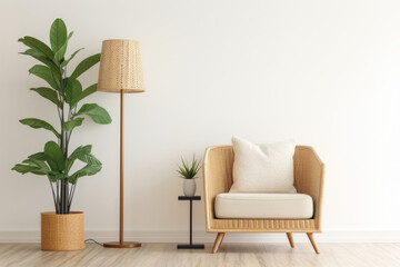 Rattan armchair and floor lamp in living room interior with plants. Generative AI - obrazy, fototapety, plakaty