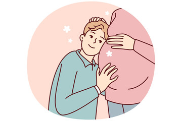 Boy teenager lean against belly of pregnant mother listens to heartbeat of unborn child. Loving son hugs mom in anticipation of appearance of younger brother or sister. Flat vector illustration
