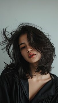 Indonesian woman with shoulder length hair, her hair is messy but elegant, glamour medium format photography