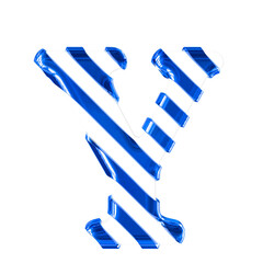 White symbol with thin blue diagonal straps. letter y