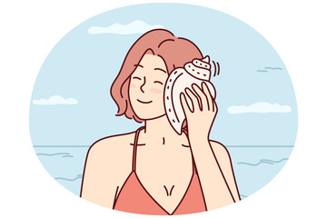 Happy woman listens to sound of sea putting shell to ear and closing eyes dreams of future. Smiling tourist girl stands on beach of sunny resort and enjoys summer vacation on ocean. Flat vector image