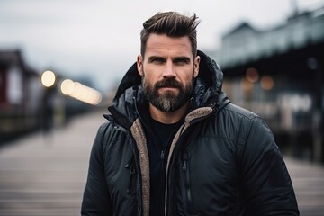 Portrait of a handsome bearded man wearing a black down jacket and looking at the camera.