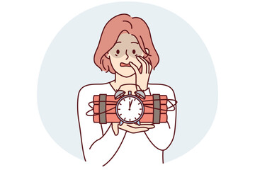 Frightened woman holds bomb and dynamite with clockwork in hand and does not know how to stop explosion. Concept approaching troubles that cannot be avoided. Flat vector illustration