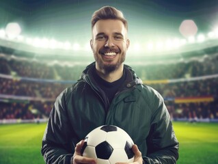 Handsome happy man with a soccer ball in his hands at the stadium