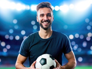 Handsome happy man with a soccer ball in his hands at the stadium - obrazy, fototapety, plakaty