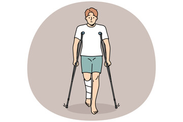 Unhappy young man with leg injury walking on crutches. Upset injured male with limb trauma suffer walking or standing. Healthcare and recovery. Vector illustration.