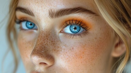 Fototapeta premium A woman with freckles and beautiful blue eyes is facing one direction, close up portrait