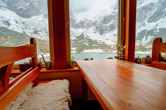 View of the High Tatras from the interior of the well-known tourist hut "Brnčalka" located near the  "Zelene pleso" - Green tarn