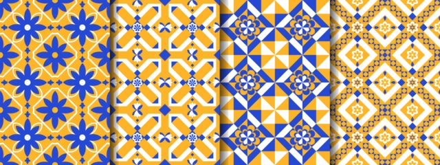 Rolgordijnen Portugal keramische tegels Set of 4 seamless patterns in the style of Portuguese tiles made in bright blue and yellow colors  © Natalia's Store