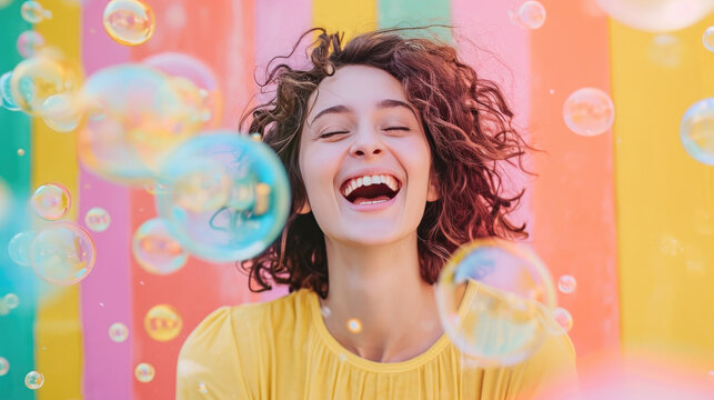 A woman smiling and blinking bubbles in front of a colourful wall.
