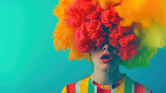 The vibrant, outrageous character is adorned with bright make-up and a cheerful expression.