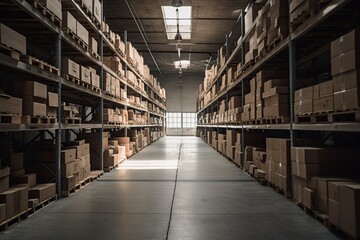 clean warehouse with shelves and cardboard boxes