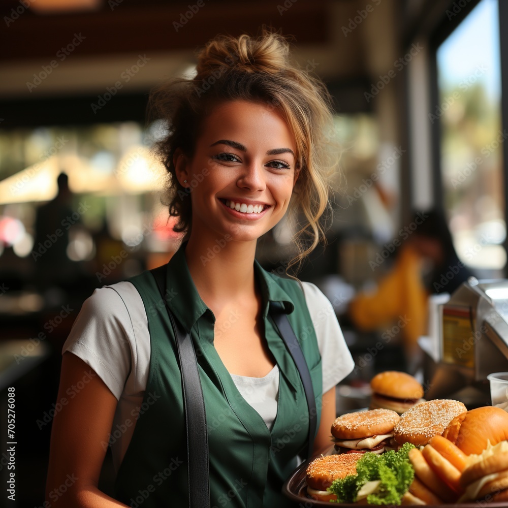 Wall mural portrait of a smiling waitress holding a tray of food