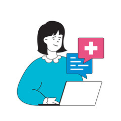 Medical concept with cartoon people in flat design for web. Woman getting online consultation and chatting with doctor by laptop. Vector illustration for social media banner, marketing material.