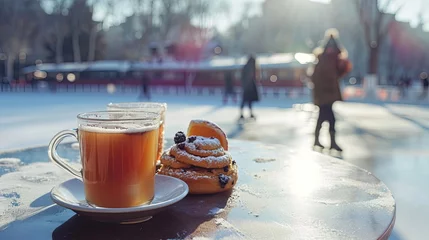 Foto op Plexiglas A simple pleasure - hot drinks and baked goods on a brisk winter morning by the skating rink © EAStevens