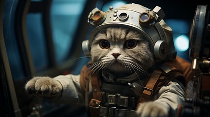 Fototapeta na wymiar A cat wearing a pilot helmet and flight suit sits in a spaceship.