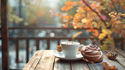 A simple pleasure - coffee and baked goods on a lovely autumn morning - obrazy, fototapety, plakaty