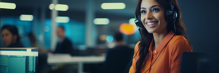 Smiling Latina girl with headphones and microphone in a call center, banner - obrazy, fototapety, plakaty