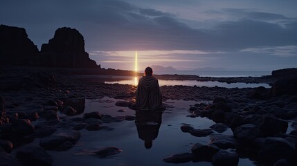 Mystic seaside meditation circle with candles and glowing orbs. Druid prayers and yoga ritual in mysterious cult sunset oceanside.