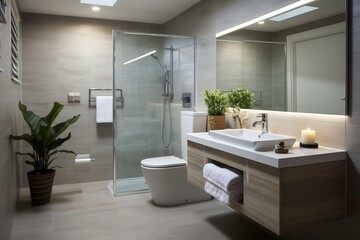 Fototapeta na wymiar Ensuite bathroom with toilet, shower and vanity