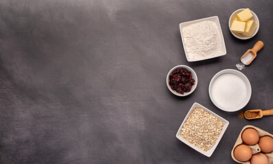 Blank food photography of raw ingredients of oat biscuits, cookie, dough, egg, sugar, white flour,...